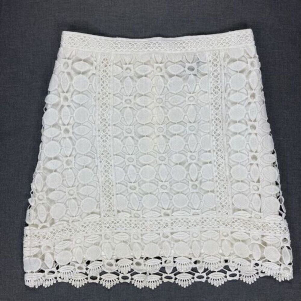 Topshop Floral Lace Eyelet Mini Skirt Womens 6 White Zip Back Summer Vacay Boho